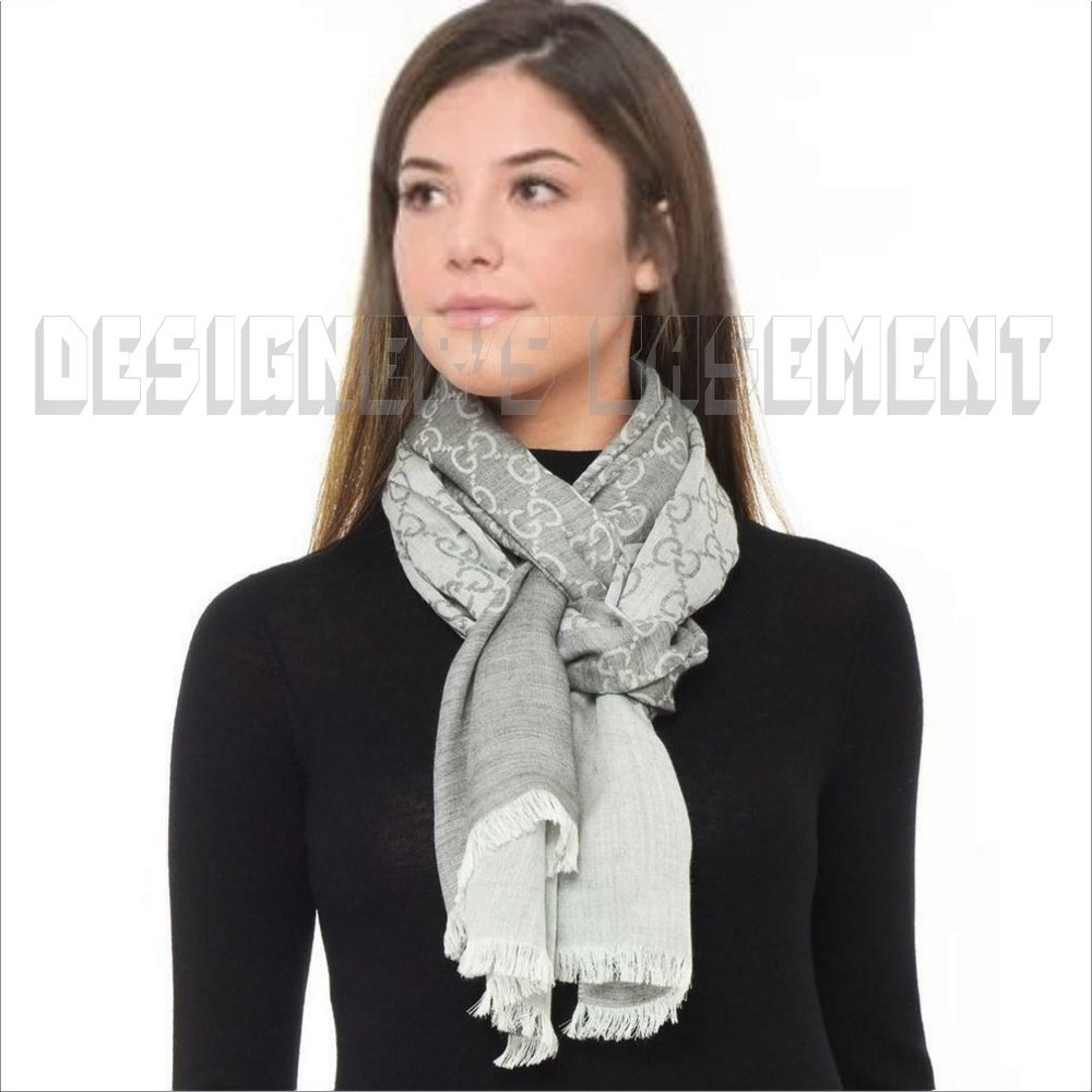 GUCCI light & Heather Gray GGNAT wool & silk 18x70" shawl Pashmina scarf NWT - Picture 2 of 10
